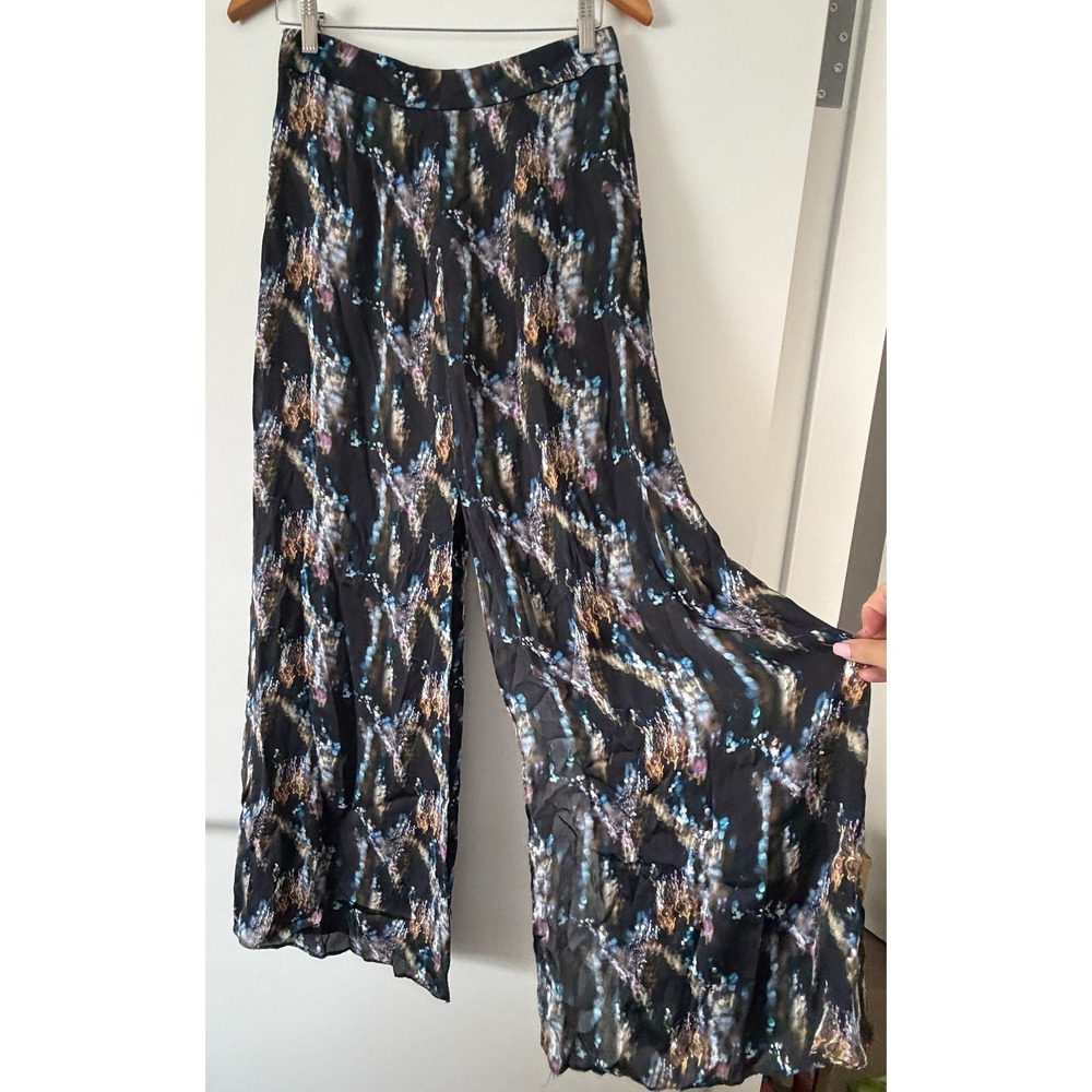 Theyskens Theory Abstract Print Wide Leg Silk Slit Pants Black Blue Purple 2